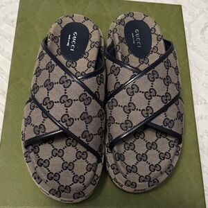 Gucci Beige and Black Monogram Slides